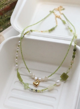 小众复古手工串珠颈链绿色天然石项链优雅气质淡水珍珠锁骨链
