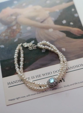 原创手作小众法式轻奢珍珠手链女精致海蓝宝项链双层锁骨链设计