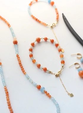 橙色玉髓糖果色手串 可爱甜属火手链橘子汽水细款手串抽拉手串