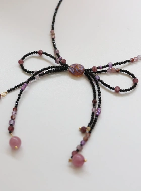 新中式国风项链小众松石绿单珠粉水晶长款国风旗袍项链