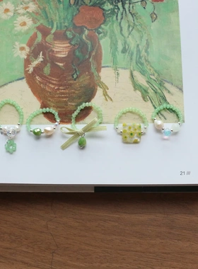 新款薄荷茶绿色水晶珠淡水珍珠戒指 原创设计清新可爱小串珠指环