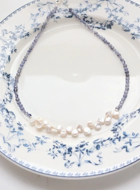 国风复古堇青石天然再生花瓣珍珠项链锁骨链女生高颜值饰品
