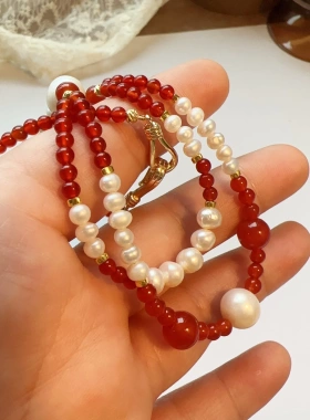 新年红红玛瑙敦煌双层天然石串珠项链手作国风宫廷风配饰