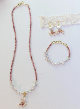 睡莲色系列搭配花瓣珍珠项链红粉颈链春夏ins风手作串珠手链戒指