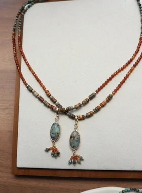 新款古风盛唐风天然石串珠吊坠项链锁骨链氛围感敦煌配饰高级饰品