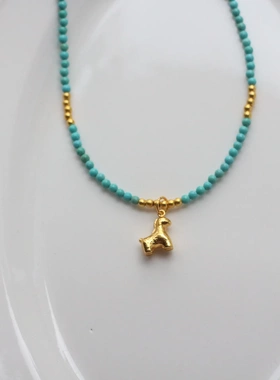 复古新中式马年 本命年沙金小马吊坠原矿松石绿长款项链