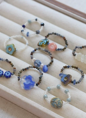 清冷氛围感！手作孤品蓝调串珠戒指 新中式复古琉璃指环不撞款