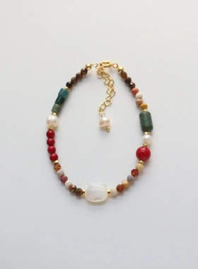 红绿配油画肌理天然石项链锁骨链个性原创设计串珠项链跨境货