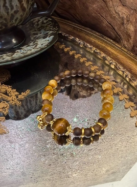 新年招财虎眼石金虎眼沉香木珠手串 小柿子吊坠金黄色手串