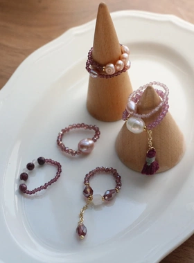 原创手作绛紫色琉璃淡水珍珠流苏弹力戒指简约浪漫温柔风串珠指环