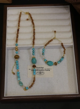 新中式国风项链小众松石绿单珠粉水晶长款国风旗袍项链