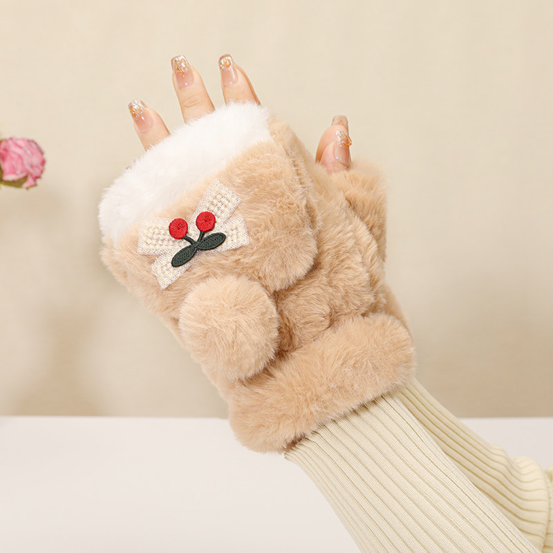 冬季保暖亲肤可爱樱桃毛球露指女户外学生玩雪防冻棉翻盖半指手套,淘宝优惠券,粉丝福利购,淘宝优惠卷