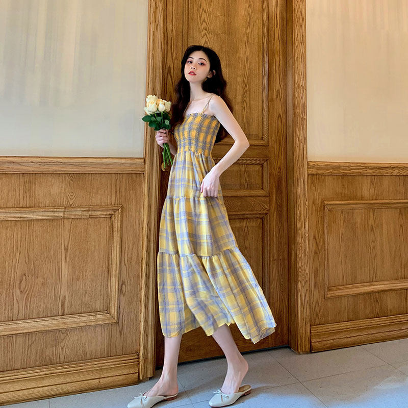 格子吊带连衣裙女2020长裙 魅雯儿连衣裙