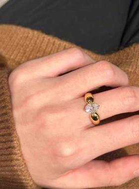 中古Vintage白钻戒指轻奢高级感小众锆石金色戒指开口戒