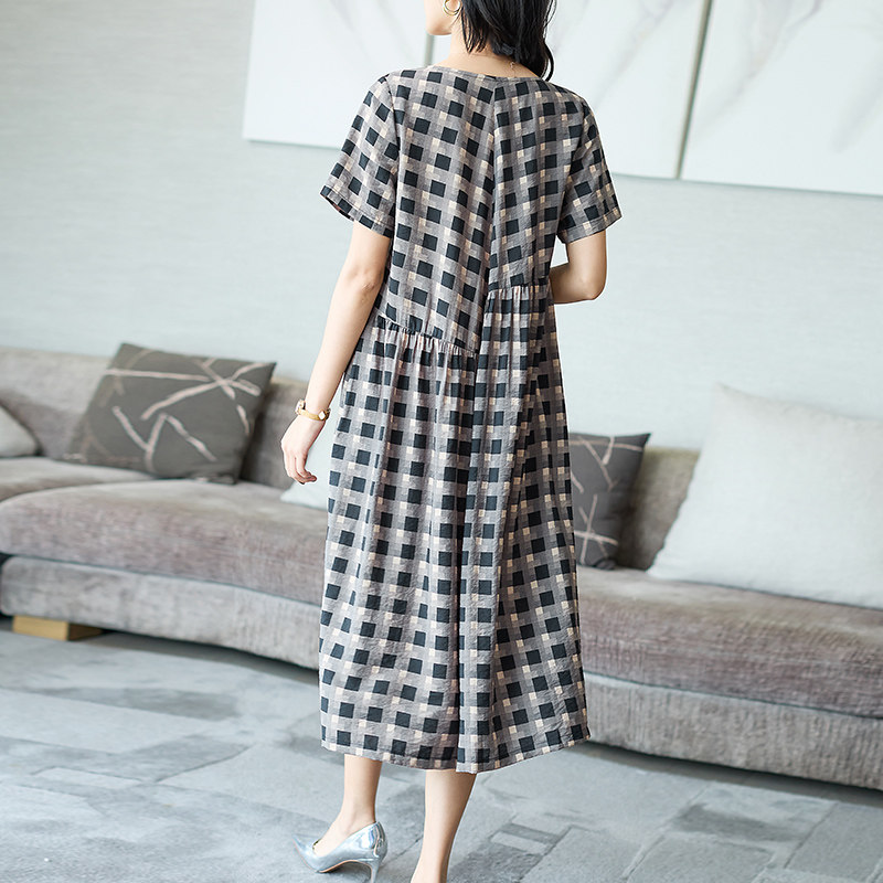 格纹2023新款夏季高级感名媛连衣裙 火袖连衣裙