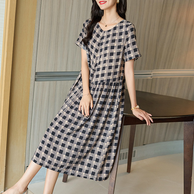 格纹2023新款夏季高级感名媛连衣裙 火袖连衣裙