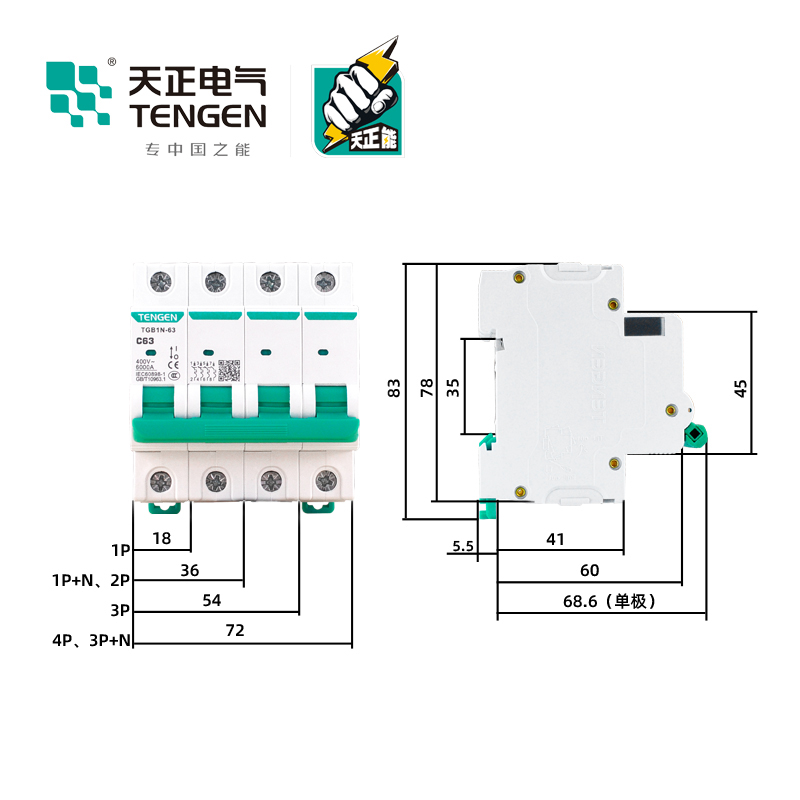 TENGEN天正TGB1N-63空气开关DZ47小型断路器1P2P3P32A电闸63A家用 - 图2