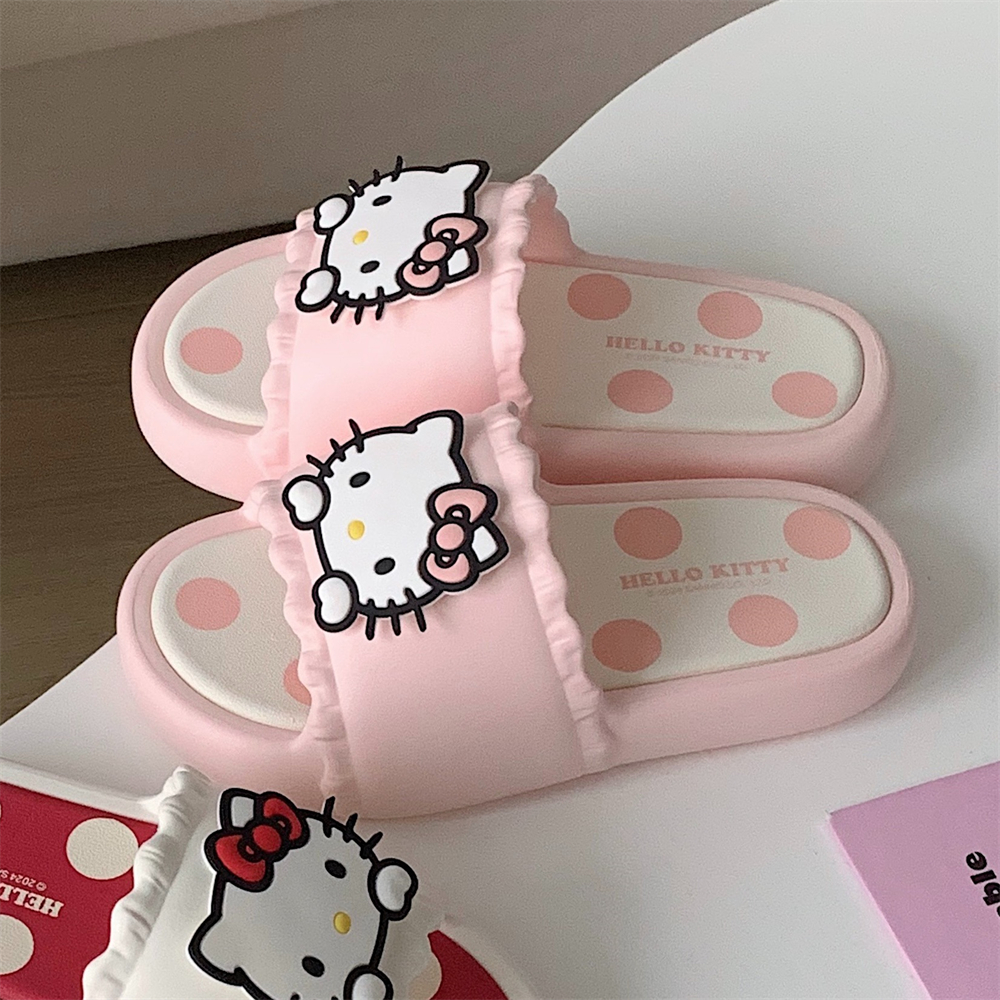 女夏季新款三丽鸥HelloKitty一字凉拖鞋亲子居家防滑户外花边拖鞋 - 图2