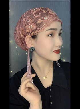网红帽立体绣花纱巾水钻流苏