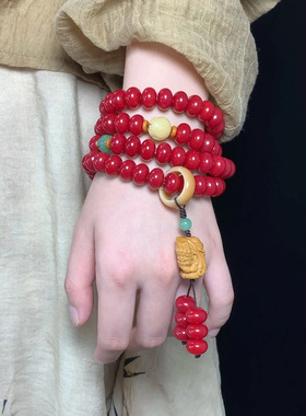 摇落朱樱红菩提手串108颗多圈佛珠高油高密脖挂念珠本命红手链