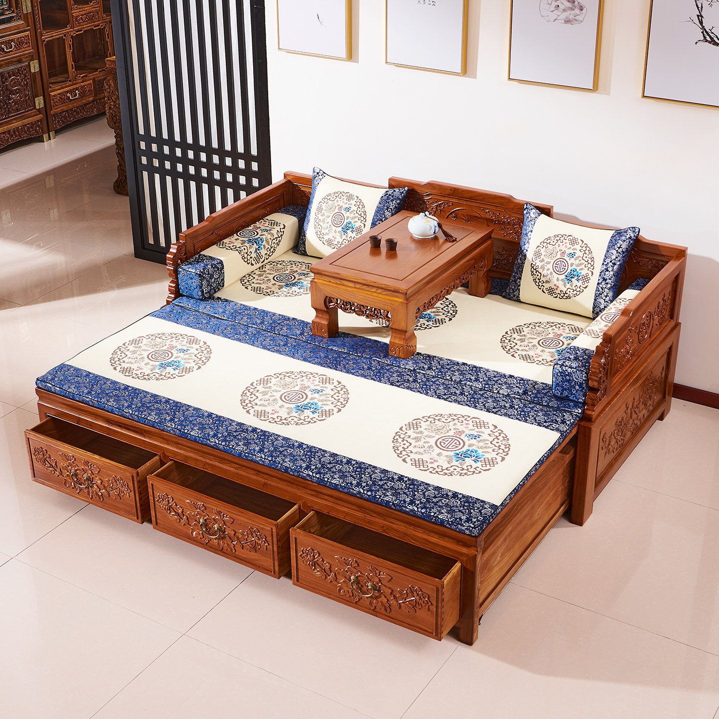 新中式伸缩两用推拉床实木罗汉床小户型客厅储物抽拉榆木沙发床榻,淘宝优惠券,粉丝福利购,淘宝优惠卷