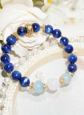 天然带猫眼女生蓝钻吊坠水晶手链