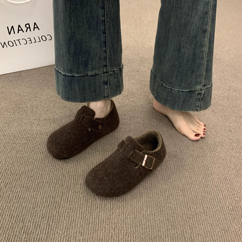 复古毛毡加绒勃肯鞋女2025秋冬新款加绒一脚蹬保暖棉鞋毛呢乐福鞋 - 图3