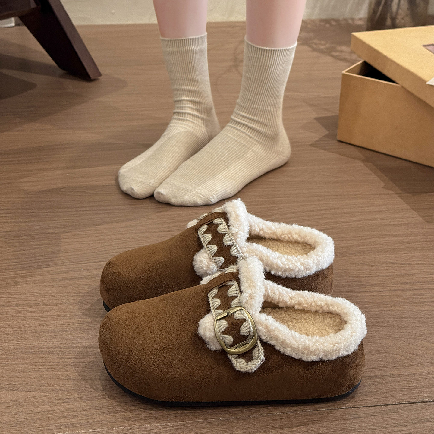 毛毛鞋厚底内增高加绒勃肯鞋包头半拖鞋女款2025新款秋冬季棉拖鞋 - 图1