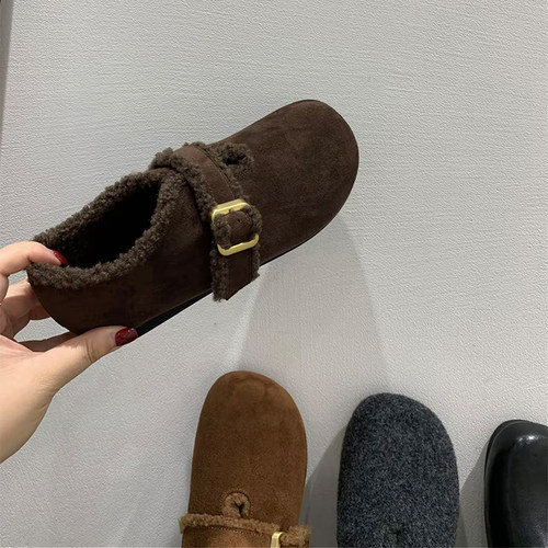 复古平底毛呢全包加绒勃肯鞋女2025秋冬新款保暖乐福鞋一脚蹬棉鞋 - 图2
