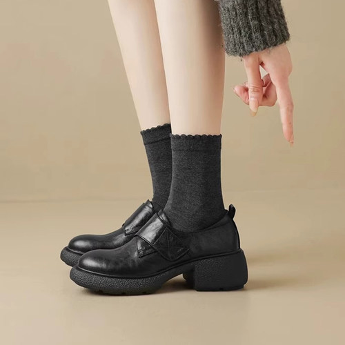 复古英伦风小皮鞋女2025秋季新款厚底圆头乐福鞋粗跟魔术贴单鞋子 - 图1