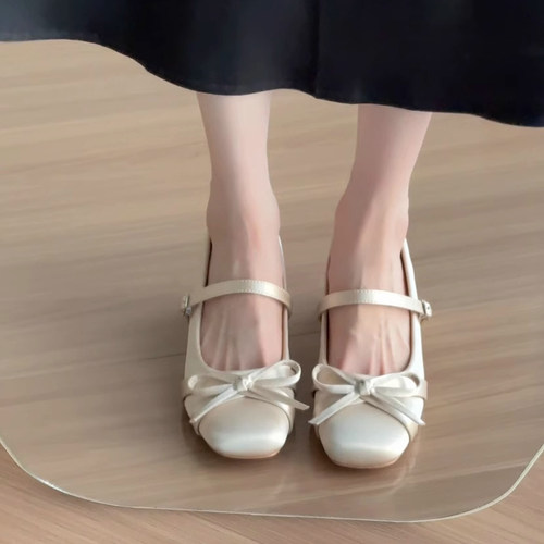 内增高7cm绸缎面蝴蝶结玛丽珍女2025新款法式粗跟单鞋高跟芭蕾鞋 - 图3