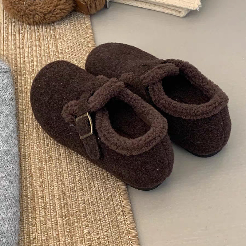 内增高加绒勃肯鞋女2025秋冬季新款羊羔毛圆头皮带扣厚底保暖棉鞋 - 图1