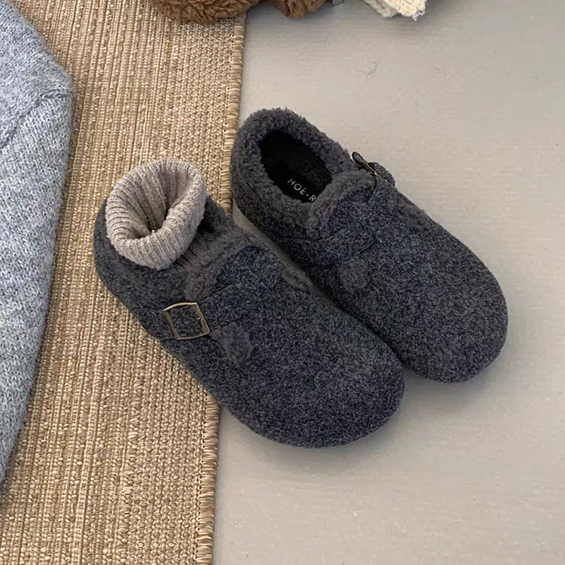 内增高加绒勃肯鞋女2025秋冬季新款羊羔毛圆头皮带扣厚底保暖棉鞋 - 图0