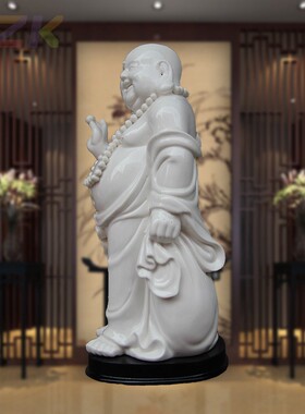 白色弥勒佛陶瓷摆件锦盒包装工艺品家具装饰客厅摆设乔迁礼禅意.6