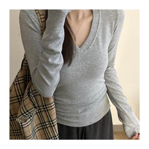 白色V领正肩长袖T恤女早秋季大码胖mm修身显瘦内搭打底衫辣妹上衣 - 图3