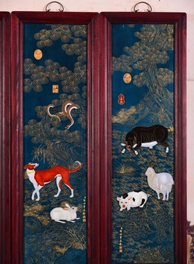 景德镇瓷器收藏老物件瓷板画红木珐琅彩绘掐金丝瓷板画十二生肖图