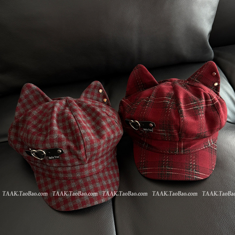 TAAK日系y2k格纹猫耳朵八角帽贝雷帽子女秋冬季显脸小可爱报童帽,淘宝优惠券,粉丝福利购,淘宝优惠卷