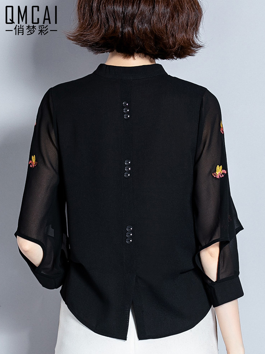 俏梦彩旗舰店春夏新款不显肚子雪纺衬衫女士洋气短款衬衣刺绣花七分袖上衣3