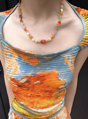 女娲五色石混合玛瑙多巴胺配色彩色锁骨链项链