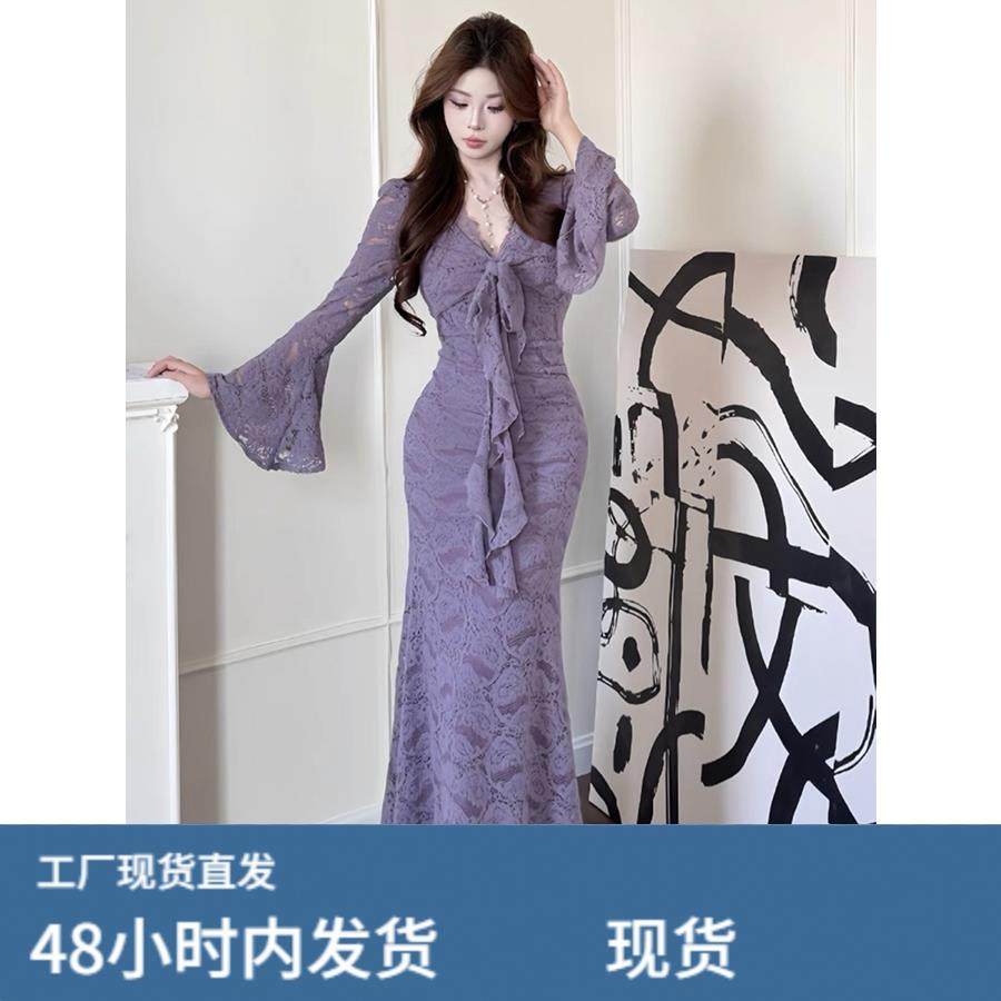 大尺码胖MM纯欲紫色低领蕾丝洋装法式喇叭袖包臀裙秋冬修身长裙女,淘宝优惠券,粉丝福利购,淘宝优惠卷