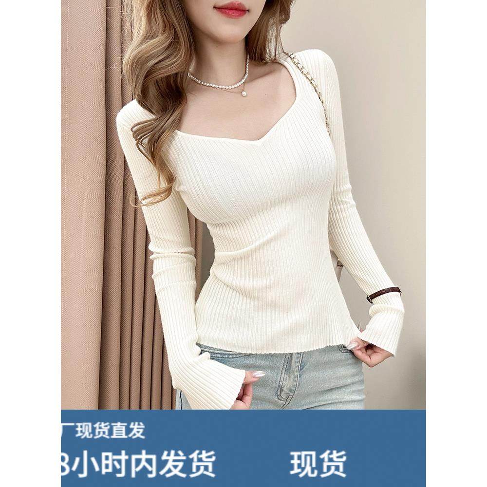 法式方领露锁骨长袖打底衫女秋冬紧身内搭针织毛衣大领口露肩上衣,淘宝优惠券,粉丝福利购,淘宝优惠卷