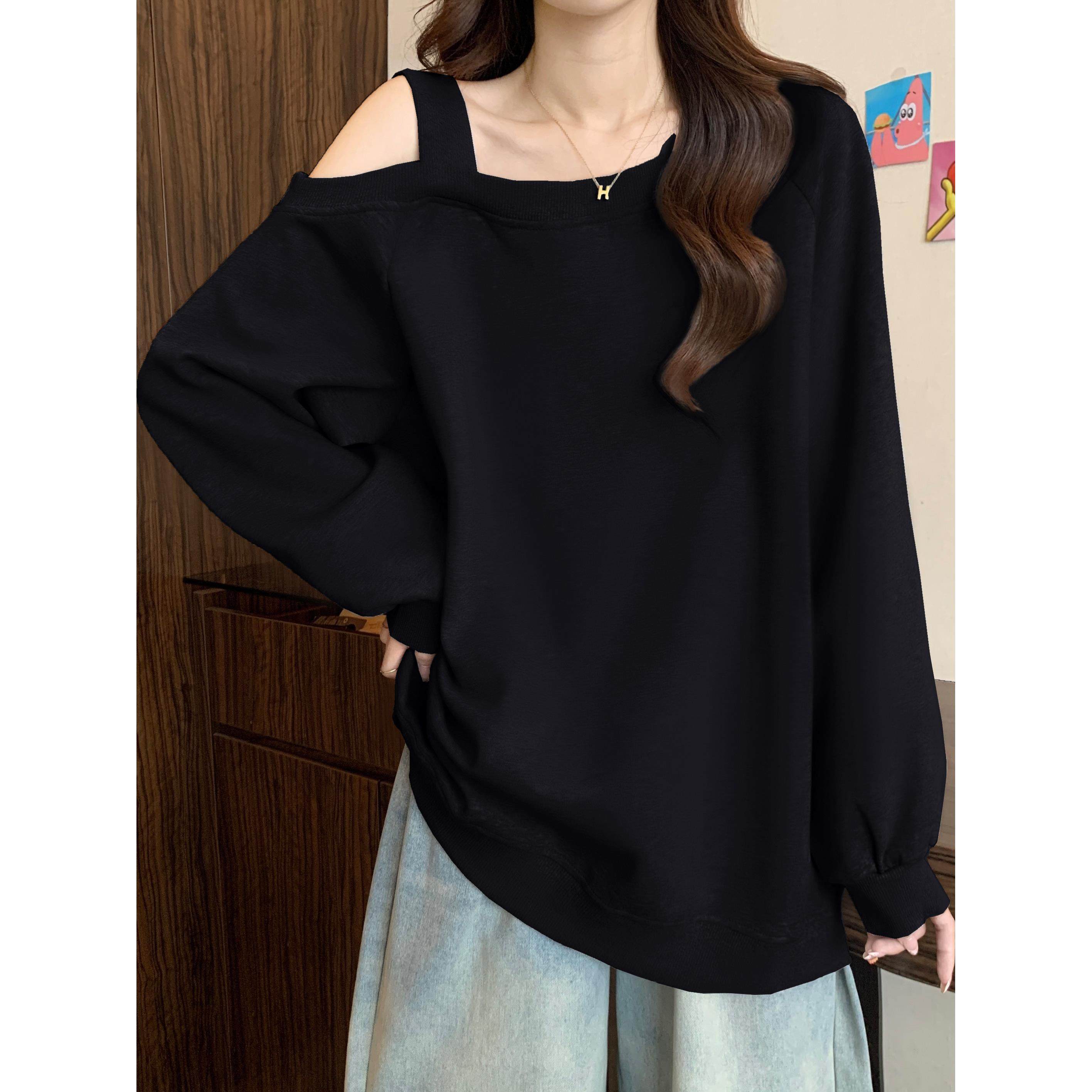 大码高级感黑色露肩长袖卫衣秋装女胖mm显瘦中长款遮屁股斜肩上衣,淘宝优惠券,粉丝福利购,淘宝优惠卷