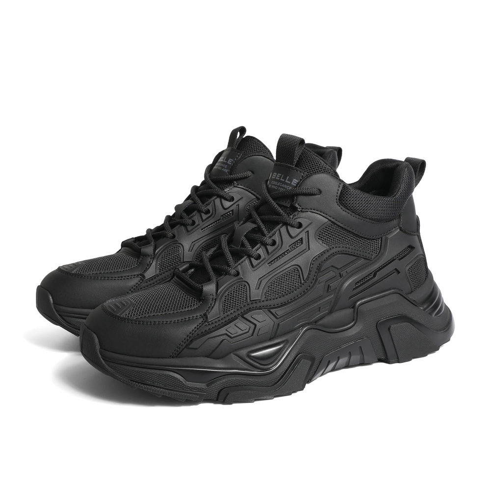 百丽男鞋高帮棉鞋男厚底老爹鞋冬季款黑色运动休闲鞋加绒A0939DD2