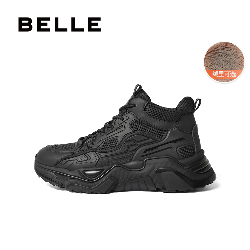 百丽男鞋高帮棉鞋男厚底老爹鞋冬季款黑色运动休闲鞋加绒A0939DD2