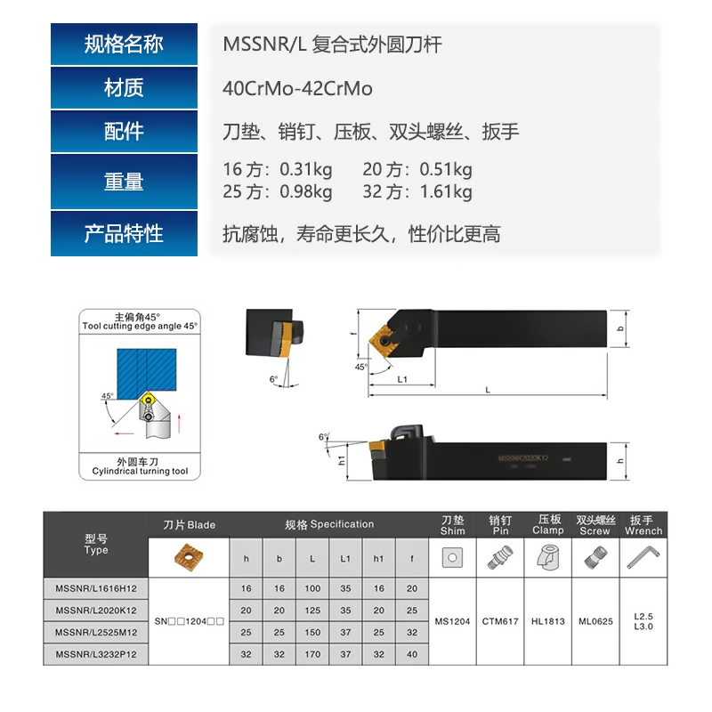 外圆数控车床刀杆MSSNR1616H12/2020K12/2525M12抗震45度刀架刀柄 - 图2