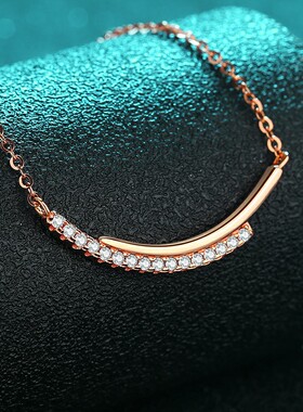 925纯银镀18K金莫桑石香槟金项链女款微笑条链简约款镀PT950 铂金