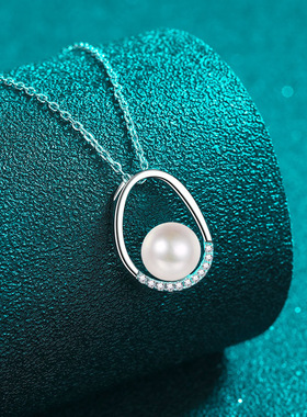 s925银镀18K金莫桑钻珍珠项链椭圆形吊坠镀PT950 铂金通勤锁骨链