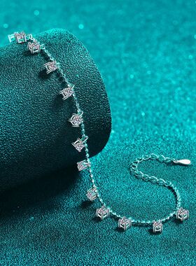 S925纯银镀18K金莫桑石手链手镯轻奢流苏四爪手环优雅镀PT950铂金