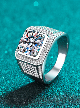 s925银镀18K金大男戒莫桑石霸气男戒指镀pt950铂金大气送男友礼物