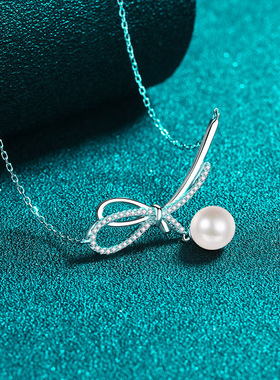 s925银镀18K金莫桑钻珍珠镀PT950铂金项链大蝴蝶结吊坠可爱锁骨链